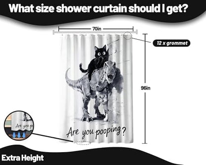 Extra Tall Shower Curtain XL Black Cat Riding Dinosaur, 70 x 96 Inch