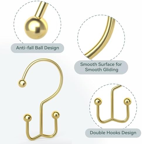24 Pcs Shower Curtain Hooks, Goowin Shower Curtain Rings, Durable Gold Shower Curtain Hooks, Double Glide Shower Curtain Rings Rust Proof, Simple Shower Hooks for Shower Curtain & Liner, Gold