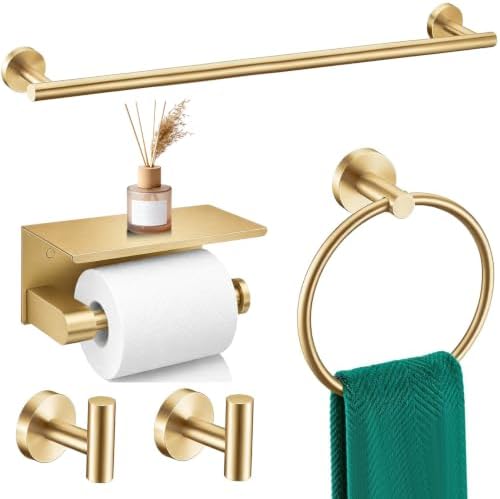 5 Pieces Brushed Gold Bathroom Hardware Accessories Set, SUS304 Stainless Steel 24 Inch Bath Towel Bar Set, Round Bathroom Towel Holder Set, Towel Racks for Bathroom Wall Mounted