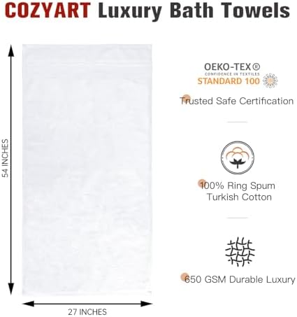 COZYART Luxury Bath Towels 4 PCS, 27x54 650 GSM Turkish Cotton, White