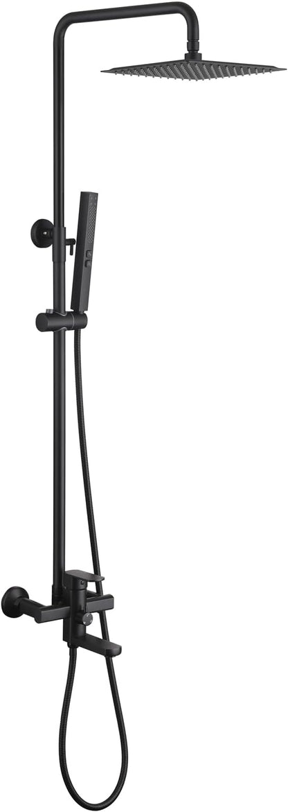 Exposed Shower System 10" Matte Black Rainfall Shower Head with 2 Modes Handheld and Tub Faucet Set, Square Shower Head 3 Functions Outdoor Shower Fixtures with Brass Valve, Height Adjustable