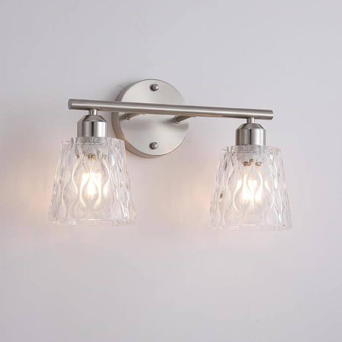 Brushed Nickel Bathroom Light Fixture, 2-Light Modern Vanity Light Over Mirror with Textured Glass Shades, Stainless Steel Construction, E26 Sockets (Bulbs Not Included)