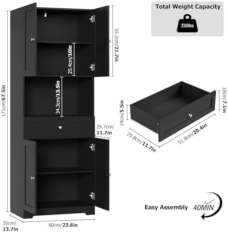 HIFIT Tall Bathroom Storage Cabinet with Drawer, Modern Linen Cabinet,Black