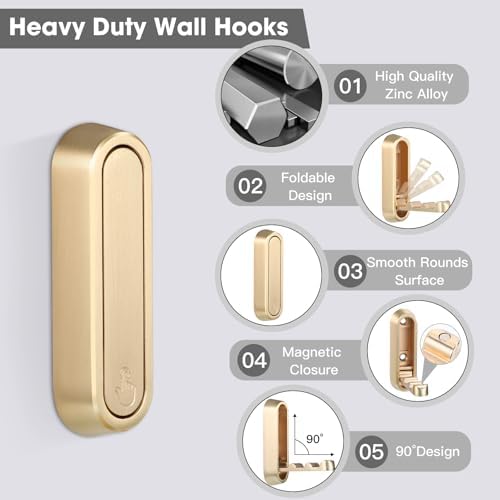 Folding Coat Hooks, Gold, 6 Pack, Wall Hook, Hanging Towels Clothes Bag