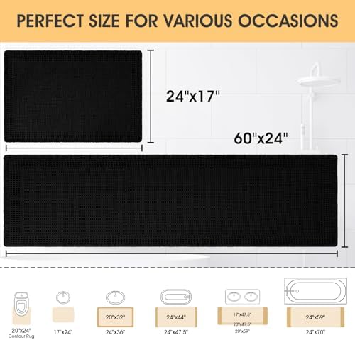 Upgrade Waffle Bath Mat Set 2 Piece, Boho Bathroom Rugs Absorbent Non Slip, Ultra Soft Bathroom Mat, Machine Washable Knit Bath Rugs with Border for Bathroom, Bedroom, Kitchen, Shower, Tub, Black
