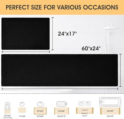 Upgrade Waffle Bath Mat Set 2 Piece, Boho Bathroom Rugs Absorbent Non Slip, Ultra Soft Bathroom Mat, Machine Washable Knit Bath Rugs with Border for Bathroom, Bedroom, Kitchen, Shower, Tub, Black