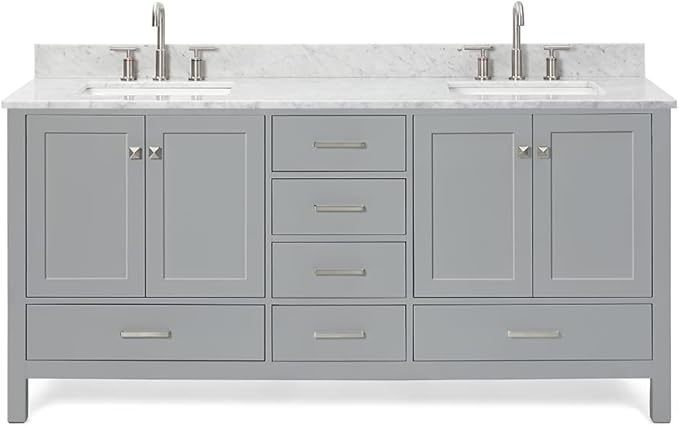 ARIEL Cambridge 72-inch Bathroom Vanity with Sink,Solid Wood, 0.75-inch Italian Carrara Marble Countertop, Double Rectangular Porcelain Sink, 4 Soft Closing Doors, 6 Dovetail Drawers, Grey