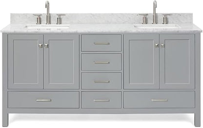 ARIEL Cambridge 72-inch Bathroom Vanity with Sink,Solid Wood, 0.75-inch Italian Carrara Marble Countertop, Double Rectangular Porcelain Sink, 4 Soft Closing Doors, 6 Dovetail Drawers, Grey
