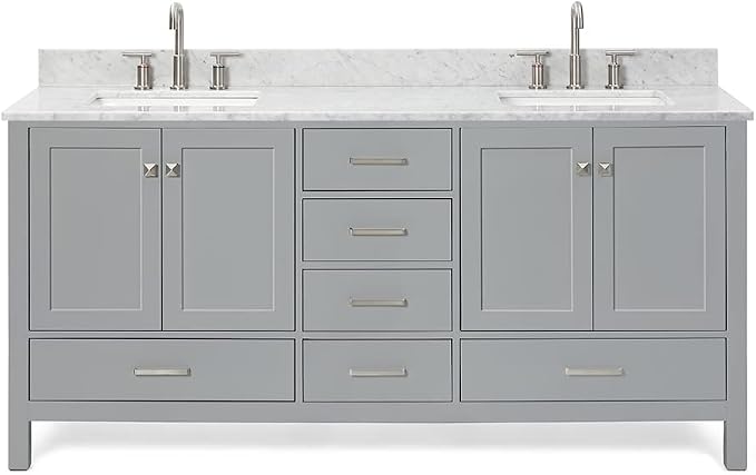 ARIEL Cambridge 72-inch Bathroom Vanity with Sink,Solid Wood, 0.75-inch Italian Carrara Marble Countertop, Double Rectangular Porcelain Sink, 4 Soft Closing Doors, 6 Dovetail Drawers, Grey