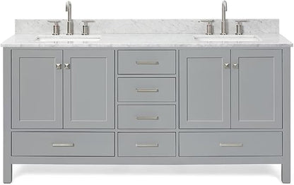 ARIEL Cambridge 72-inch Bathroom Vanity with Sink,Solid Wood, 0.75-inch Italian Carrara Marble Countertop, Double Rectangular Porcelain Sink, 4 Soft Closing Doors, 6 Dovetail Drawers, Grey