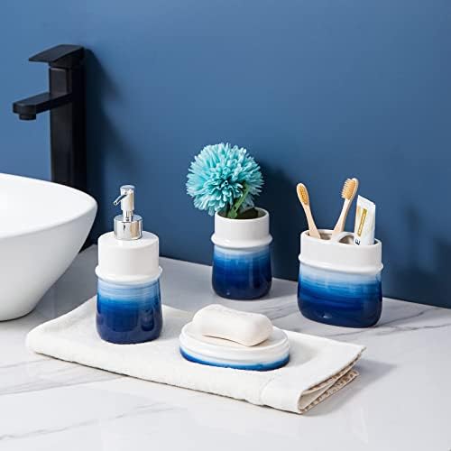 Blue Bathroom Accessories 3 Pcs, Ceramic Bathroom Accessory Set, Navy Blue Bathroom Set Include Dispenser,Soap Dish and Vase, Modern Bathroom Decor