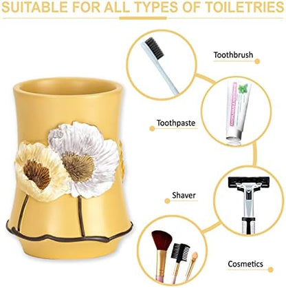 Zahari Home 4pc Poppy Fields Yellow Bathroom Accessories Set Hand Soap Dispenser, Tumbler, Tooth Brush Holder and Soap Dish Modern Contemporary Decor Complete Bathroom Sets with Shower Curtains