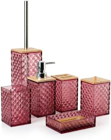 Red Bathroom Accessory Set, 6 PCS Red Bathroom Accessories Set,Soap Dispenser, Toothbrush Holder, Soap Dish, Mouthwash Cup, Cotton Swab Holder and Toilet Brush, Acrylic