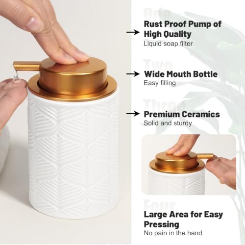 Kukikan Ceramic Bathroom Accessories Set, 4 Pcs-Includes Lotion Soap Dispenser, Toothbrush Holder, Vanity Tray, and Tumbler, Modern Bathroom Decor Organizer with Soap Dish, Apothecary Jar, White Color