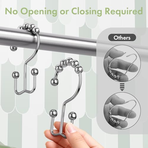 Amazer Shower Curtain Rings, Rust-Resistant Metal Double Shower Hooks for Curtain Rolling Shower Curtain Hooks Rings Shower Rings for Bathroom Shower Curtain Rod, Chrome, Set of 12 Rings