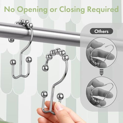 Amazer Shower Curtain Rings, Rust-Resistant Metal Double Shower Hooks for Curtain Rolling Shower Curtain Hooks Rings Shower Rings for Bathroom Shower Curtain Rod, Chrome, Set of 12 Rings