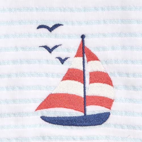 Ritz 2-Piece Cotton Velour Bathroom Hand Towel Set, Embroidered Sailboat Design, Blue Pinstripe Decorative Towels for Lake House, Beach, Coastal Decor, 16” x 26”