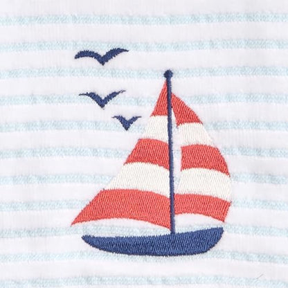 Ritz 2-Piece Cotton Velour Bathroom Hand Towel Set, Embroidered Sailboat Design, Blue Pinstripe Decorative Towels for Lake House, Beach, Coastal Decor, 16” x 26”