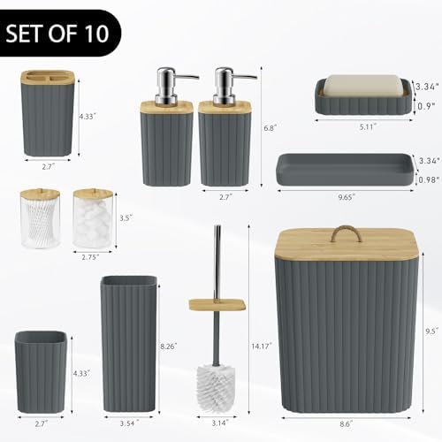 Bathroom Accessories Set - 10PC Bathroom Set, Grey Bathroom Set, Bathroom Accessories Set, Toilet Brush, Bathroom Trash Can & Soap Dispenser