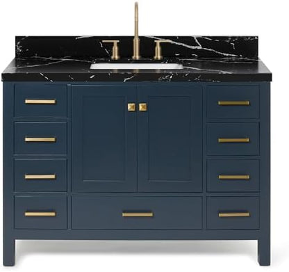 ARIEL Cambridge 48 Inch Single Rectangle Sink Bathroom Vanity with Nero Marquina Black Quartz Countertop 1.5 Inch in Midnight Blue