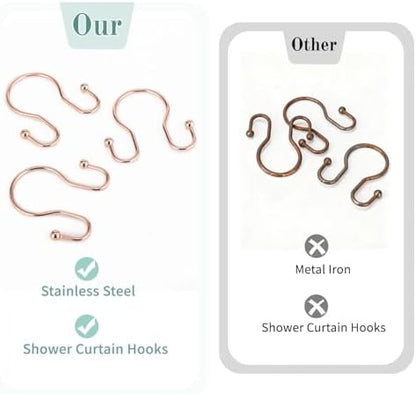 Goowin Shower Curtain Hooks, 12 Pcs Shower Curtain Rings, Stainless Steel Shower Curtain Hangers, Metal Shower Curtain Hooks Rings Rust Proof, Minimalist Shower Hooks for Shower Curtain, Rose Gold