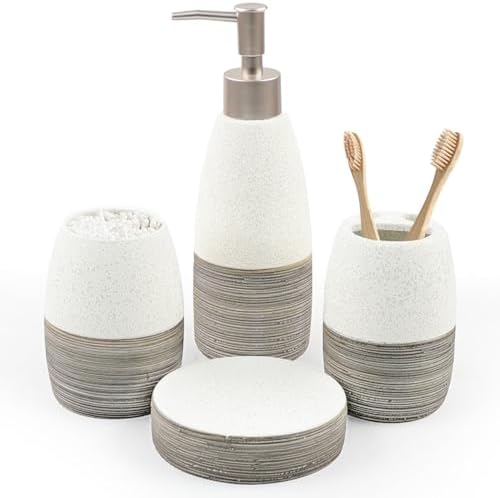 CERBIOR Bathroom Accessories Set,4 PCS Ceramic Bath Accessory,Grey White