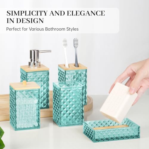 Bathroom Accessory Set, Grid Pattern 5 Pcs Plastic Bathroom Set, Teal