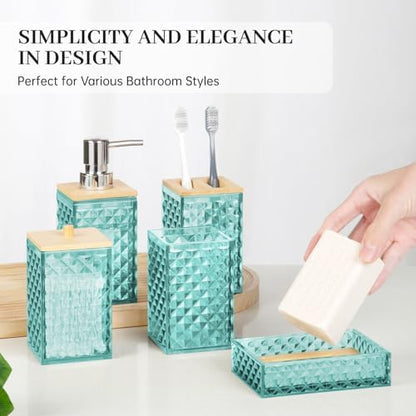 Bathroom Accessory Set, Grid Pattern 5 Pcs Plastic Bathroom Set, Teal