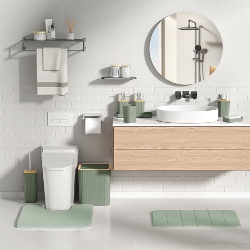 XLHOMO Bathroom Accessories Set - 25PC Sage Green Bathroom Set, Bathroom Set with Shower Curtain and Rugs, Green Shower Curtain Set, Toilet Brush, Bathroom Trash Can