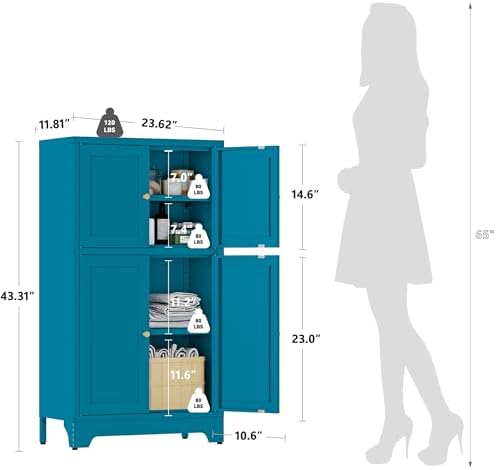 YAUWOH Blue Bathroom Floor Cabinet, Metal Storage Cabinet with 2 Adjustable Shelves & 4 Doors,Freestanding Sideboard for Dining Room,Living Room, Home Office