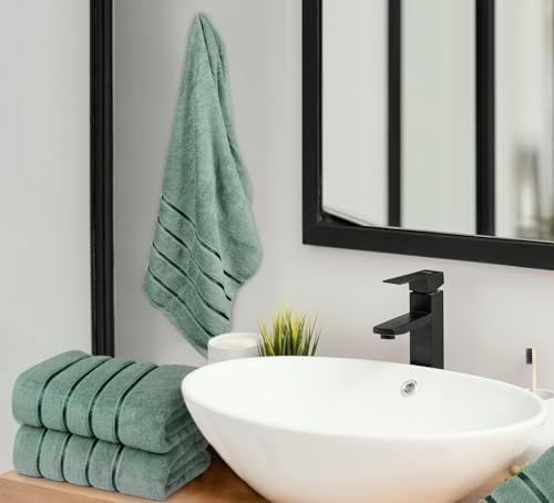 Luxury Bath Towels Set of 4, 27x54 Inches 600GSM 100% Cotton Ring Spun – Daily Use Highly Absorbent Viscose Stripe Bath Towel Sets for Bathroom, Hotel, Spa (Sage Green)