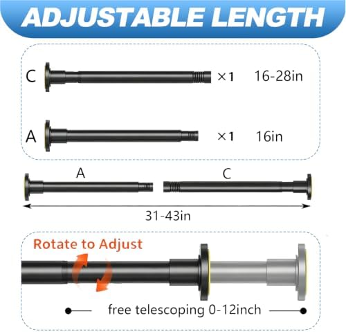 CorkLatta Black Shower Curtain Rod 32 to 43 Inch,1 Inch Diameter Adjustable Spring Tension Stainless Steel Telescoping Rod,Easy Install,No Rust
