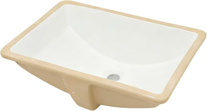 White Undermount Bathroom Sink 21.1"x15.1"Ceramic Basin | Modern Porcelain Under Counter Bathroom Vanity Sink, Interior Bowl 19.2"x 13.1", Rectangular Undermount Basin with Overflow