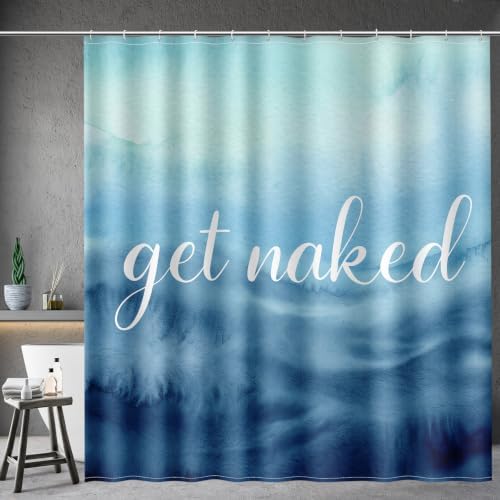 Aimego Get Naked Shower Curtain Gradual Tie Dye Blue Ombre Funny Art Font Theme Shower Curtain Set with 12 Hooks for Bathroom Decor Accessories Bathtub Curtain, 72"x72"