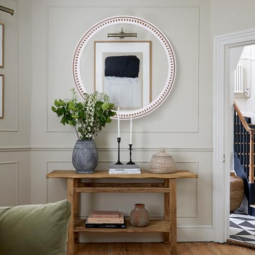 24 Inch Round Wall Mirror, Rustic Farmhouse Wooden Mirrors for Bathroom