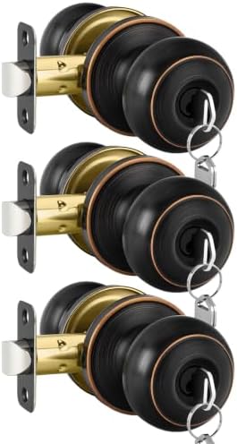 Haidms 3 Pack Oil Rubbed Bronze Door Knobs with Lock and Key, Keyed Alike Keyed Entry Door Knobs Exterior, Black Doorknobs for Bedroom