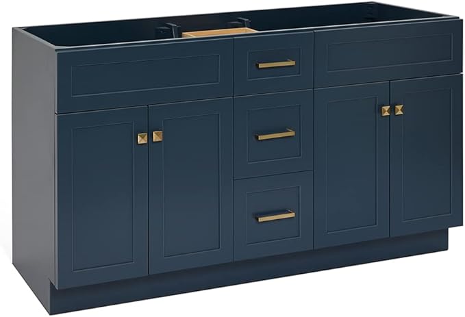 ARIEL Hamlet 60-inch Bathroom Vanity Base Cabinet,Solid Wood, 4 Soft Closing Doors, 3 Dovetail Drawers, Satin Brass, Midnight Blue