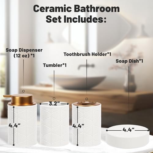 Kukikan Ceramic Bathroom Accessories Set, 4 Pcs-Includes Lotion Soap Dispenser, Toothbrush Holder, Vanity Tray, and Tumbler, Modern Bathroom Decor Organizer with Soap Dish, Apothecary Jar, White Color