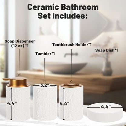 Kukikan Ceramic Bathroom Accessories Set, 4 Pcs-Includes Lotion Soap Dispenser, Toothbrush Holder, Vanity Tray, and Tumbler, Modern Bathroom Decor Organizer with Soap Dish, Apothecary Jar, White Color