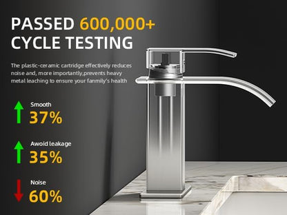 Stainless steel faucet with testing information on a dark background