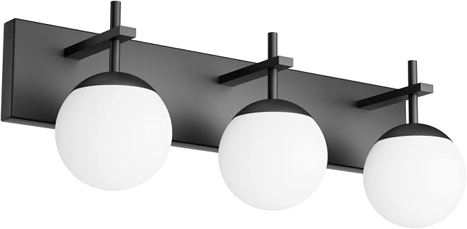 Ralbay Matte Black Bathroom Vanity Light - 3-Light Mid Century Modern Black Bathroom Lights Fixtures with Milky Glass Globe