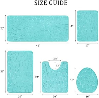 YIHOUSE Bathroom Rugs Mat Set, Memory Foam Bath Mat 5 Piece Teal