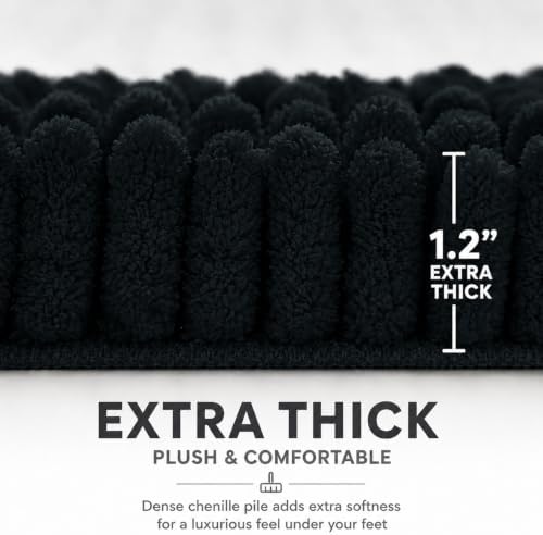 Bathroom Rugs Sets 2 Piece,Super Absorbent Soft,Thick,Machine Washable Chenille Bath Mat,Non Slip Toilet Floor Rug,Bath Mats for Bathroom,20x32 Plus 20x20 U Shape,Black