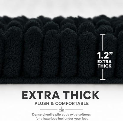 Bathroom Rugs Sets 2 Piece,Super Absorbent Soft,Thick,Machine Washable Chenille Bath Mat,Non Slip Toilet Floor Rug,Bath Mats for Bathroom,20x32 Plus 20x20 U Shape,Black