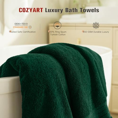 COZYART Luxury Bath Towels 4 PCS, 27x54 650 GSM Turkish Cotton, Dark Green