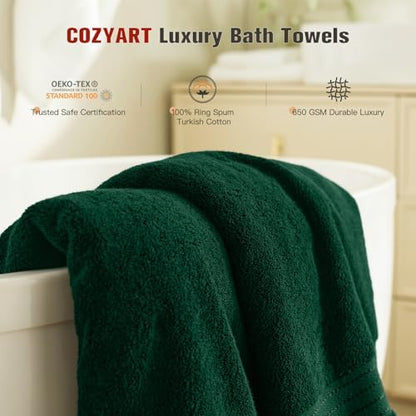 COZYART Luxury Bath Towels 4 PCS, 27x54 650 GSM Turkish Cotton, Dark Green