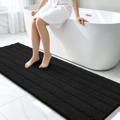 Bcoimo Bath Rug Mat, 70x24 Chenille Non Slip Black Long Bathroom Runner Rug