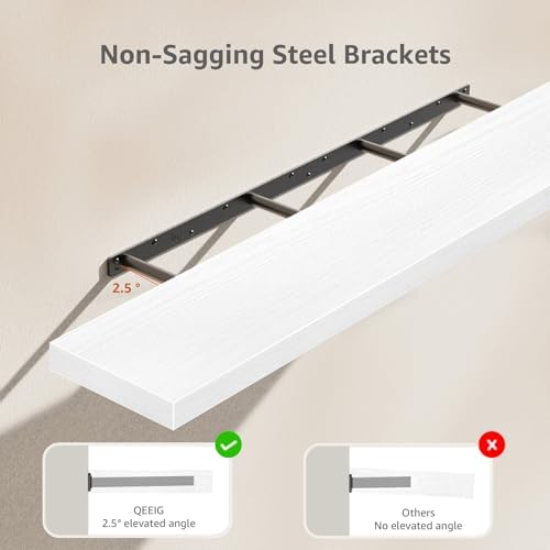 QEEIG Floating Shelves for Wall 55.1" Extra Long - Wall Mounted Shelf Bathroom Kitchen Living Room Bedroom Farmhouse Home Decor Display Bookshelf Large 55.1 x 9.3 inch Set of 2, White (008-140W)