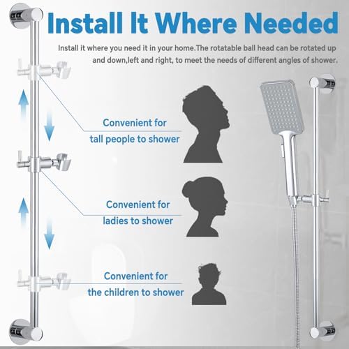 Shower Slide Bar Adjustable Handheld Shower Head Holder Wall Mount - 30inch All-Metal Shower Head Slide Bar Compatible with Bathroom Drill Free Glue Installation - Polished Chrome