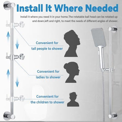 Shower Slide Bar Adjustable Handheld Shower Head Holder Wall Mount - 30inch All-Metal Shower Head Slide Bar Compatible with Bathroom Drill Free Glue Installation - Polished Chrome